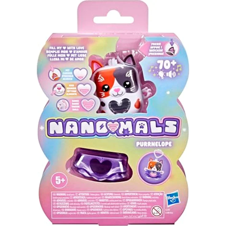 Nano-Mals Purrnelope, elektronisches Fidget-Tierchen mit farbwechselnder Herzanzeige, lila Kleid und Clip für Schlüsselanhänger – Bild 3