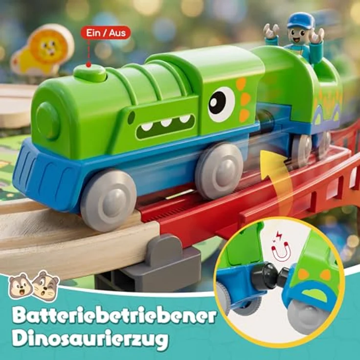 Lehoo Castle Holzeisenbahn Dinosaurier-Lok mit Licht und Musik, Freizeitpark-Set ab 3 Jahre, kompatibel mit gängigen Holzsystemen – Bild 2
