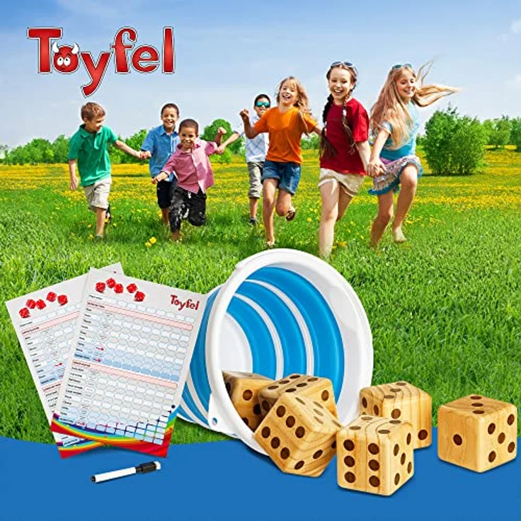 Toyfel XXL Würfelspiel Chuck, Indoor & Outdoor Spiel aus FSC® Kiefernholz mit 6 großen Würfeln (9 cm), klappbarem Falteimer, abwaschbarer Punktetafel & Stift – Bild 2