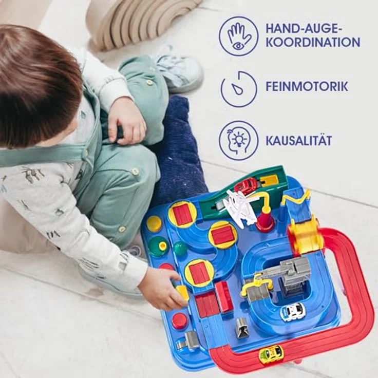 hahaland Autorennbahn Abenteuer Set, Spielzeugauto für Kinder ab 2 Jahre, 3 Mini-Fahrzeuge (Polizei, Krankenwagen, Feuerwehr), fördert Motorik und Problemlösungsfähigkeiten – Bild 3