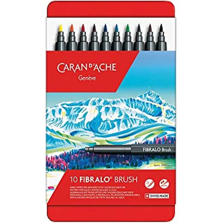 Caran d'Ache Fibralo Brush Sortiment, 10 wasservermalbare Fasermaler mit Pinselspitze 0,5-5 mm, leuchtende Farben, 0186.310
