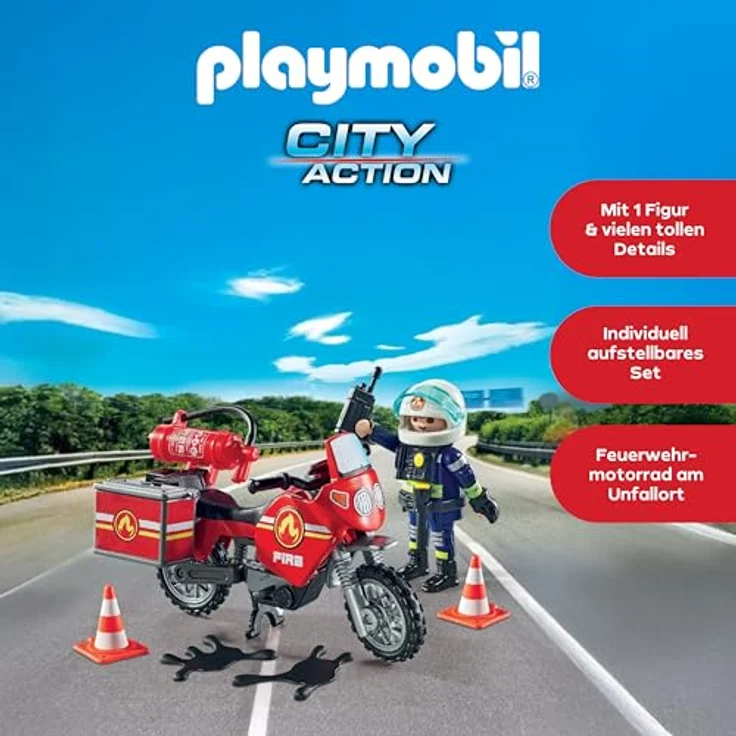 PLAYMOBIL Action Heroes 71466 Feuerwehrmotorrad am Unfallort, Spielzeug mit Funkgerät und Feuerlöscher, für Kinder ab 4 Jahren – Bild 5