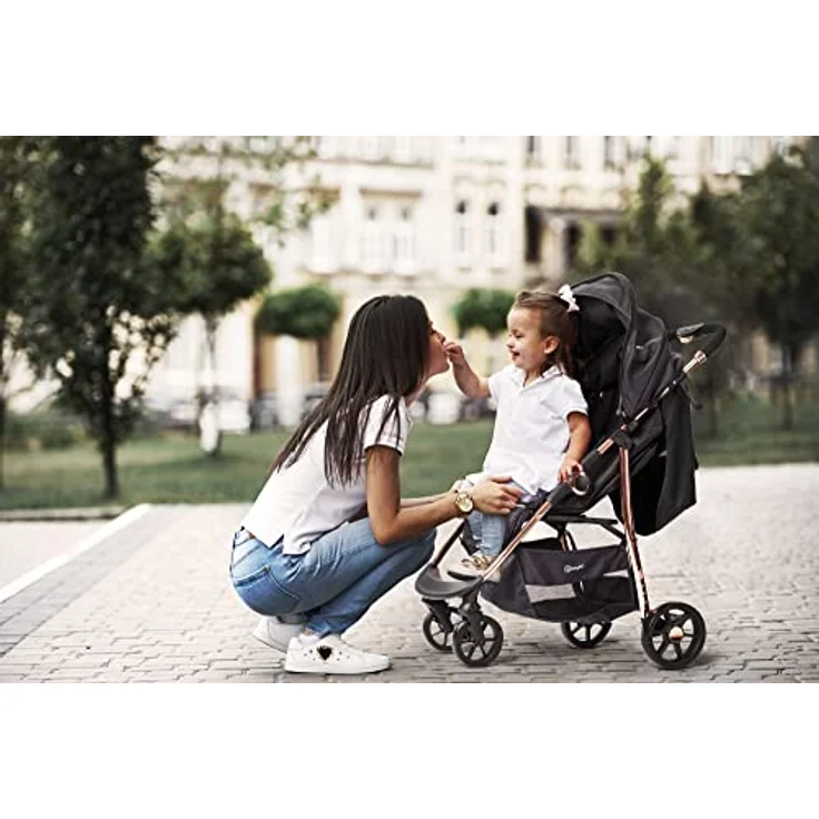 BABYGO Kinderwagen 3 in 1 Styles - Kombikinderwagen Komplettset mit Babywanne, Buggy Sportsitz und Auto-Babyschale - Wickeltasche/Regenschutz/Matratze - Schwarz/Rosegold – Bild 8