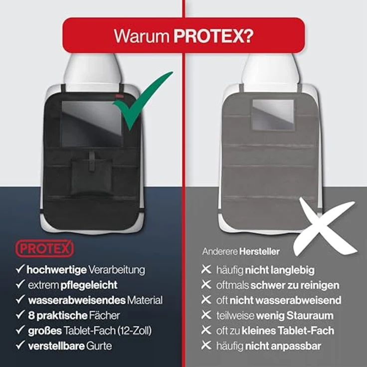 PROTEX© Rückenlehnenschutz Organizer mit 12 Zoll Tablet Fach, schwarz - Testsieger 2025, wasserabweisend, 8 Fächer, einfache Montage, 100 Tage risikofrei testen – Bild 4