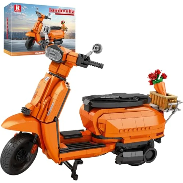 Reobrix V200 Motorrad-Baustein-Spielzeug, Maßstab 1:5, blau mit Korb-Bouquet-Ständer, 11036 Sammlungsfahrzeug, für Heimdekoration und Geschenke – Bild 1