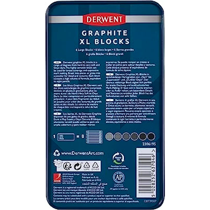 Derwent Graphit XL Blöcke 6 Dosen, 6 Stück, 60 mm, extragroßer Block, wasserlöslich, ideal zum Skizzieren, Zeichnen und ausdrucksstarken Markierungen, professionelle Qualität, 2306195 – Bild 4