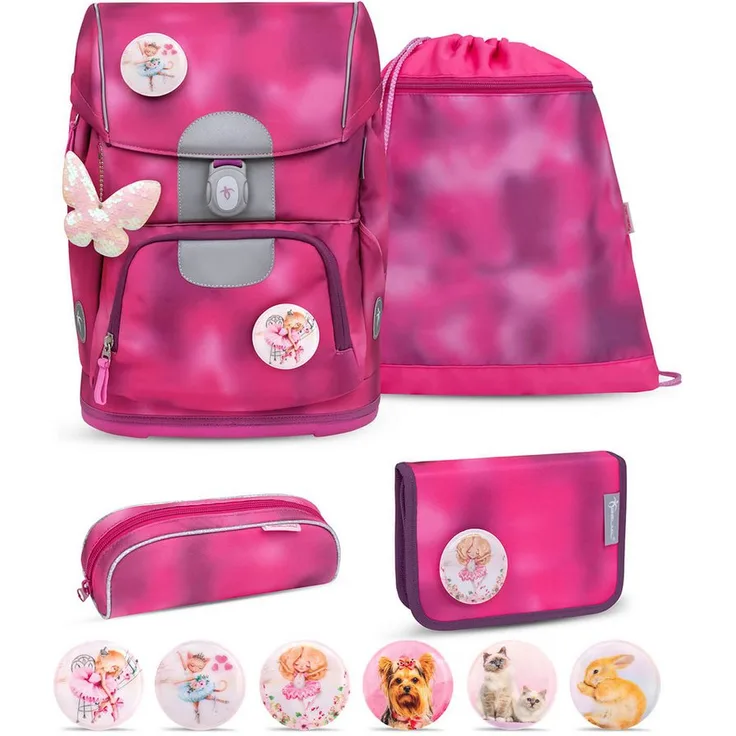 Belmil Motion Schulranzen-Set, ergonomisch, aus recyceltem Material, 19 L, mit Federmäppchen und 6 Patches, für Grundschule 6-9 Jahre, blau