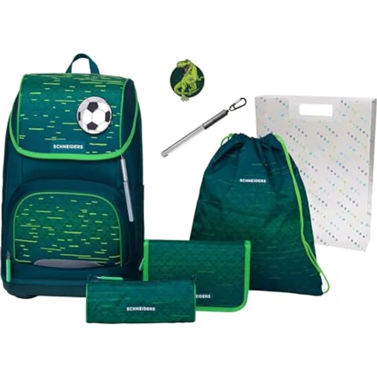 Schneiders Ergoplus 2in1 Schulranzen Set, 7-teilig, 22L, mit verbesserten Tragekomfort und Sicherheitsfunktionen, Soccer Star tannengrün – Bild 1