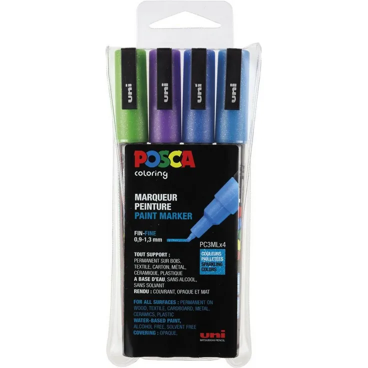 uni-ball Lackmarker uni-ball POSCA PC-3M Marker - 4er Set Glitter 2, (4-tlg), Künstler Filzstifte mit kräftigen Glitterfarben in hellblau, blau, violett und grün