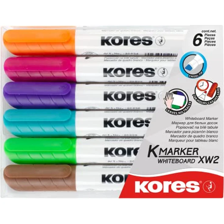 KORES Whiteboard Marker M20803, Set mit 6 Farben (pink, violett, türkis, braun, hellgrün, orange), 3-5mm Keilspitze, schnell trocknende Tinte, rückstandslos entfernbar – Bild 1
