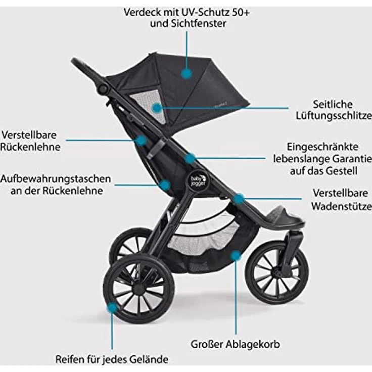 BABY JOGGER City Elite 2 Kombikinderwagen für jedes Gelände | Zusammenklappbarer und tragbarer Buggy | Opulent Black (schwarz) – Bild 7