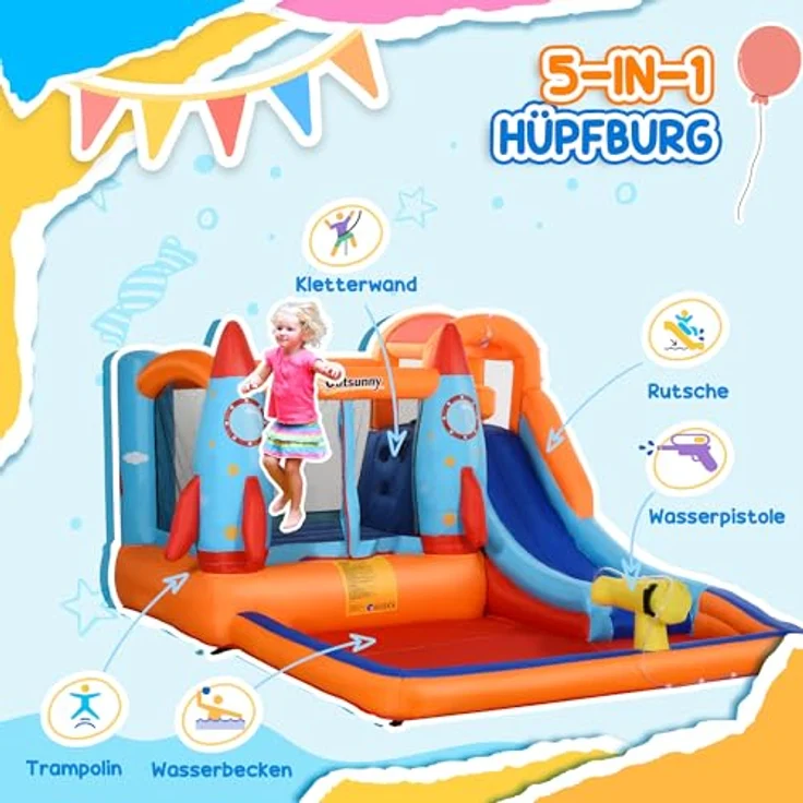 Outsunny Aufblasbare Hüpfburg mit Rutsche für 4 Kinder, Spielhaus mit Gebläse und Raketenmuster, Oxford-Polyester-Gewebe, mehrfarbig, 350 x 250 x 185 cm – Bild 3