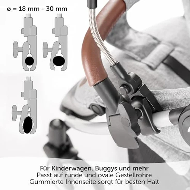 Zamboo Universal Sonnenschirm UV 50+ für Kinderwagen & Buggy | flexibler Sonnenschutz mit 73 cm Durchmesser, Grau – Bild 5