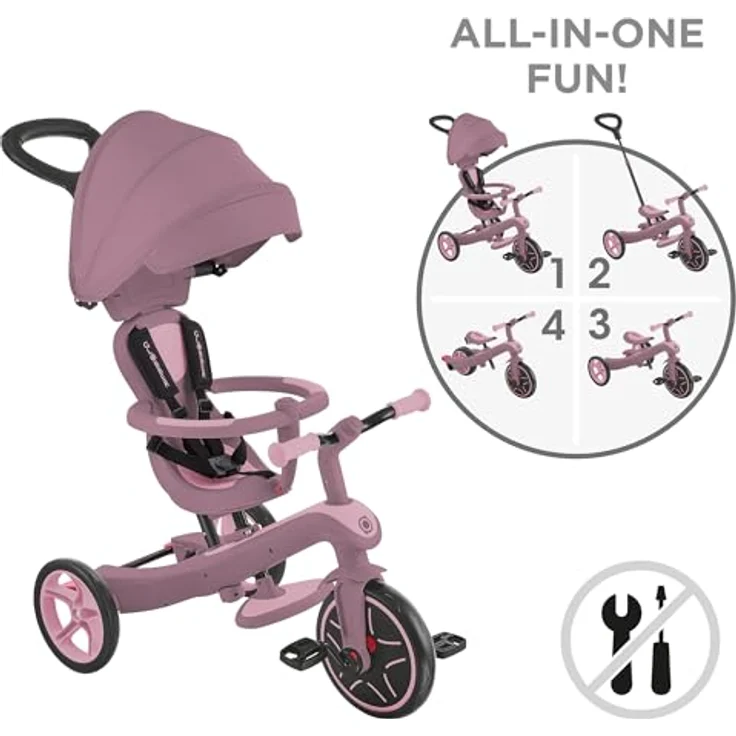 Globber Explorer Trike 4in1, Kinderwagen, Dreirad & Laufrad, höhenverstellbarer TPR-Sitz, 10/8,5 Zoll Räder, Beere – Bild 2