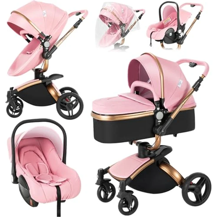 3 in 1 Kombikinderwagen Kinderwagen 3-in-1 Dreirad Lauflernhilfe Hochlandschaft Kinderwagen Faltbarer Kinderwagen Babywagen Babywagen für Baby 0-36 Monate (Rosa) – Bild 2