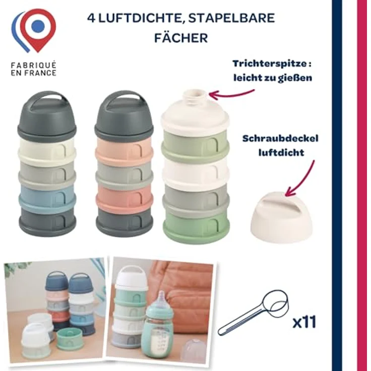 Beaba Babynahrungsbehälter Milchpulver Dose 4-teilig, grau/pink, stapelbar, mit hermetischen Verschlüssen und breiten Öffnungen – Bild 3