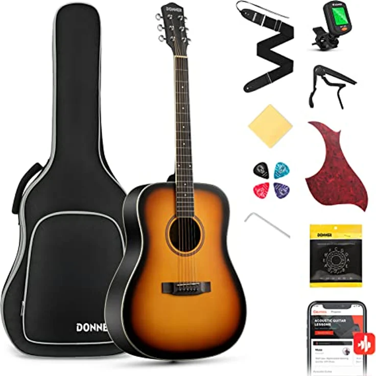 Donner Gitarre Akustik Anfänger Erwachsene Akustikgitarre Kit Einsteiger 4/4 Dreadnought 41 Zoll Gitarren mit 6 Saiten Gigbag Capo Plektren Gurt (Sunburst） – Bild 1