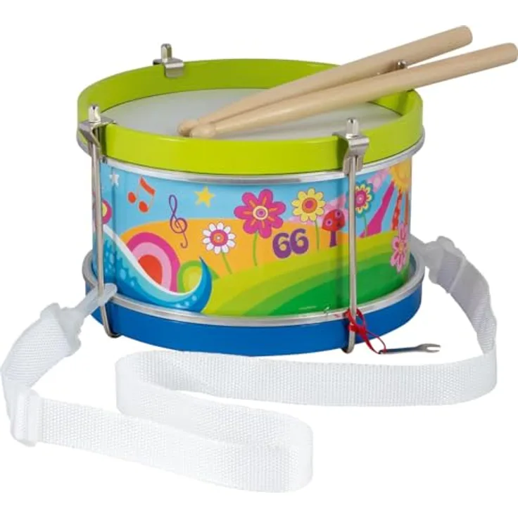 goki 61848 Trommel Blumenwiese, bunte Kinder Trommel aus Holz ab 3 Jahren mit Gurt & Holzstöcken, 21,5 cm, goki66-Serie