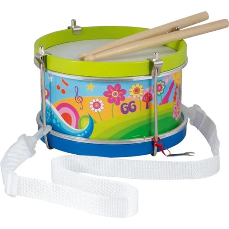 goki 61848 Trommel Blumenwiese, bunte Kinder Trommel aus Holz ab 3 Jahren mit Gurt & Holzstöcken, 21,5 cm, goki66-Serie – Bild 1