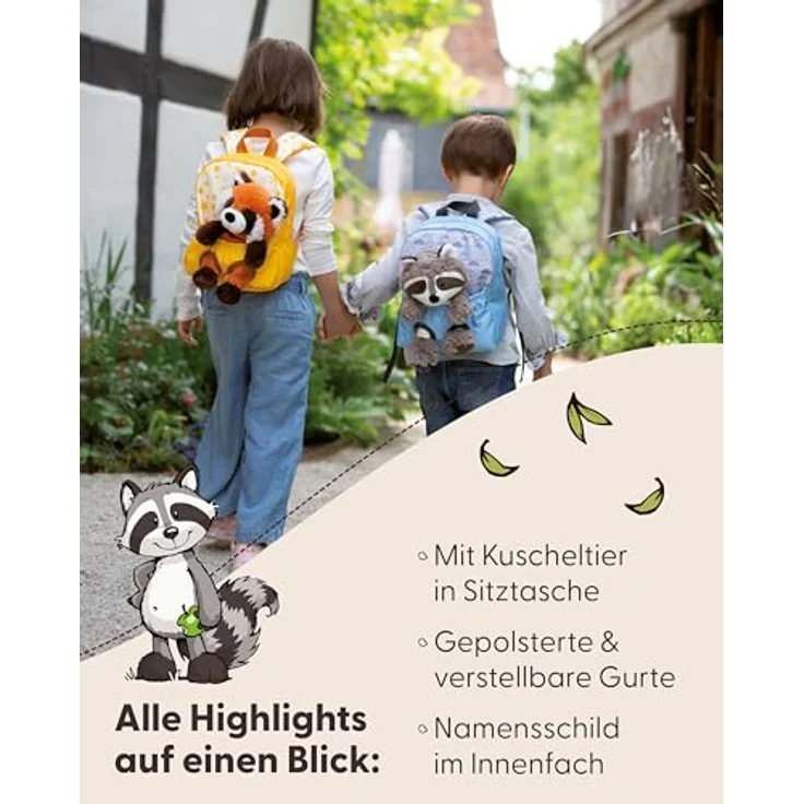 NICI Rucksack mit Plüschtier Waschbär 25 hellblau, Kinder-Rucksack mit integrierter Sitztasche – Bild 4