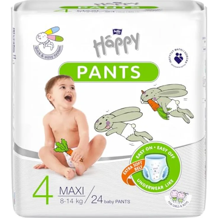 Bella Baby Happy Pants Size 4 Maxi, Einweg-Windelhöschen für Kinder, 8-14 kg, 24 Stück, atmungsaktiv, schnelle Absorption, dermatologisch getestet