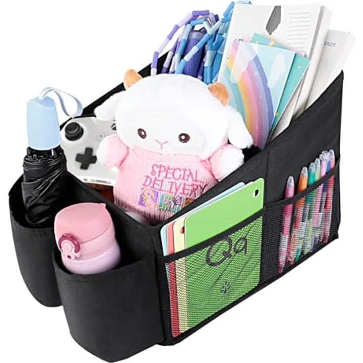 AiQInu Autositz Organizer, praktische Aufbewahrungsbox für Kinder mit 3 DIY-Fächern, 4 Netztaschen und 2 Becherhaltern, wasserdicht und faltbar, für Vorderen Rücksitz und Kofferraum, schwarz