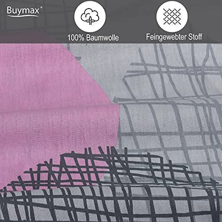 Buymax Bettwäsche 135x200 Baumwolle 2-Teilig Bettgarnitur mit Bettbezug und Kissenbezug 80x80 Renforce Gitter-Muster Kreise Netz Bettwäsche-Set, Antrazit-Grau Rosa – Bild 4