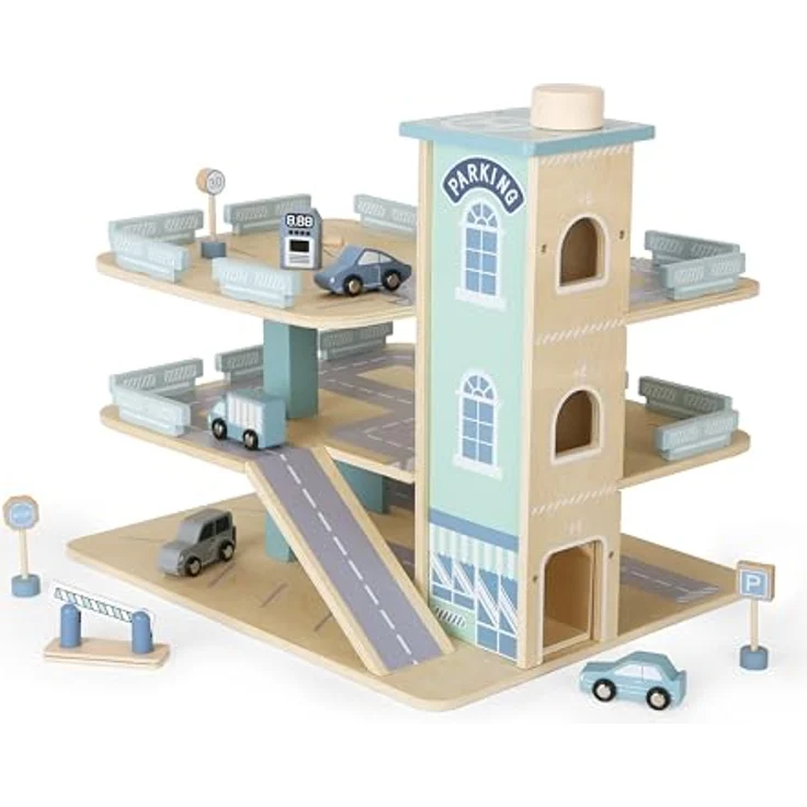 CHIC2000 Spiel-Parkgarage, 3-stöckige Parkgarage aus Holz mit Aufzug und 4 Autos, 43,5 x 36 x 39,5 cm – Bild 3