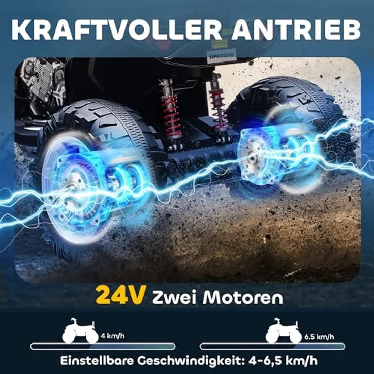 AIYAPLAY 24V Elektro Quad für Kinder, Zweisitzer mit Vorwärts- und Rückwärtsfunktion, 4 gefederte Räder, Scheinwerfer, USB- & MP3-Anschluss, 4-6,5 km/h, Schwarz – Bild 3