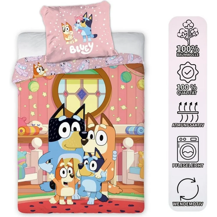Bluey Familie Bettwäsche Set 2 tlg. 135x200 cm 80x80cm Baumwolle – Bild 1