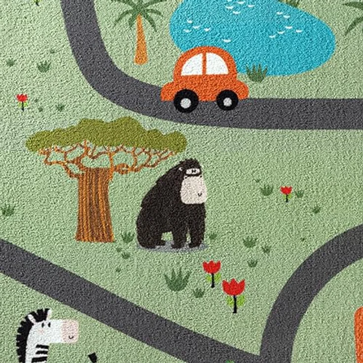 Teppich-Traum Kinderteppich Safari Straße, rutschfest, grüner Spielteppich mit Autos und Tieren, 120 x 160 cm, pflegeleicht und schadstofffrei – Bild 4