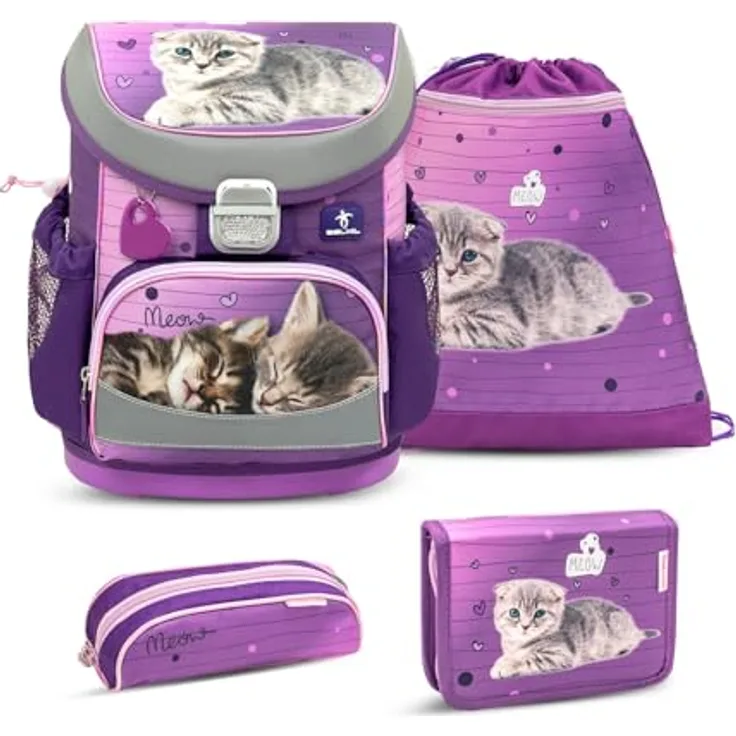 Belmil Mini-Fit Schulranzen Set 4-teilig (405-33/AG/S) (Little Caty 2025), ergonomisch mit Brustgurt, reflektierenden Elementen, AGR empfohlen, 800-860 g, blau