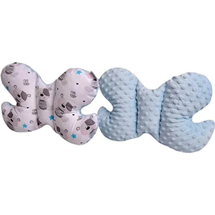 Medi Partners KOPFKISSEN Kinder Nacken Nackenstütze 100% Baumwolle/Minky Baby Nackenhörnchen für Auto Kinderwagen autofahrt Reisen Schlaf Hals Kissen Schlummerrolle (Teddybär mit hellblauen Minky) – Bild 2