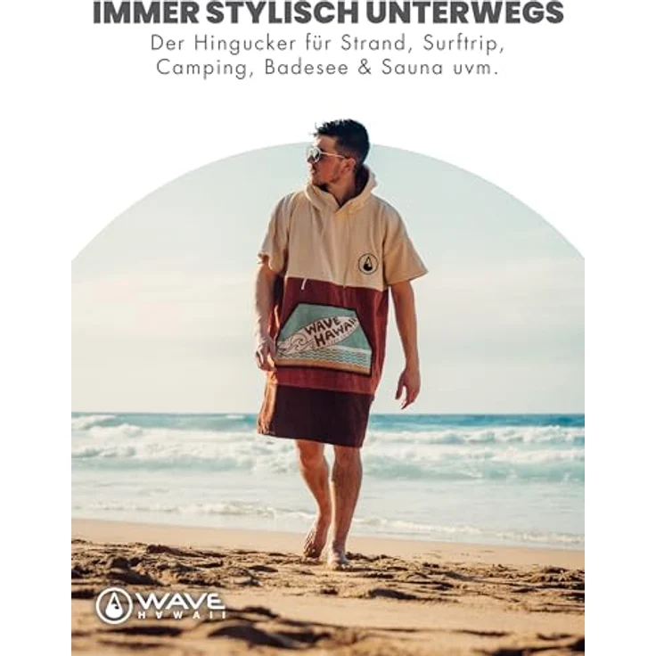 Wave Hawaii Badeponcho Campeche, Velours Poncho mit saugfähigem Frottee, warme Kapuze und große Fronttasche – Bild 4