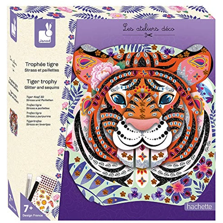 Janod - from 7 Years Old - Tiger Trophy Strass and Sequins Creative Kit - Decoration Workshops - Creative Leisure - Dexterity and Concentration - J07915