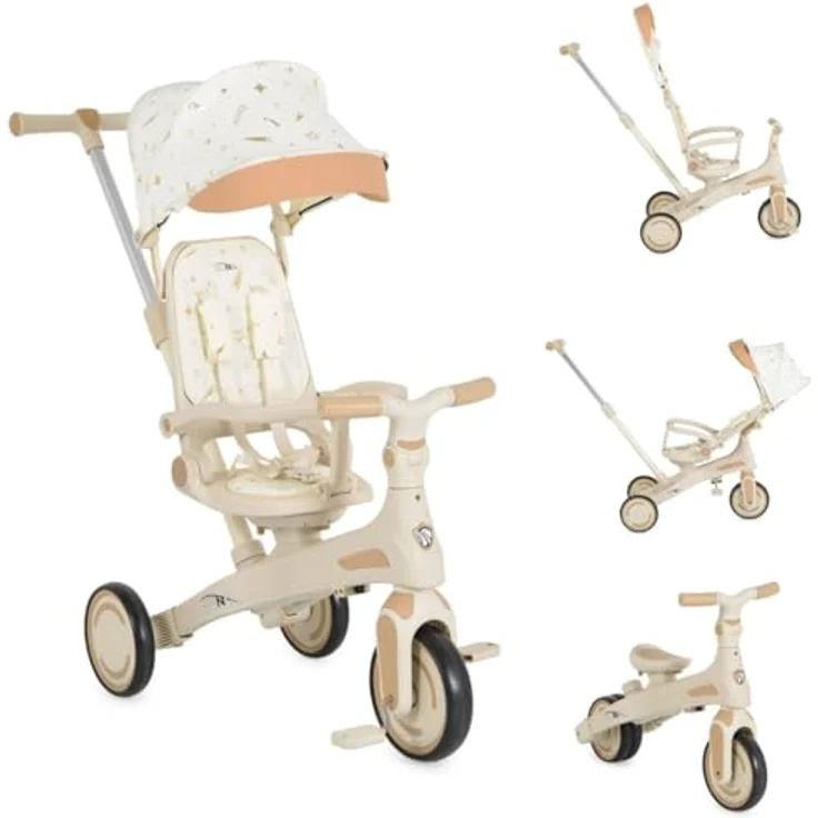 Byox Tricycle Juno 4 in 1, Dreirad mit drehbarem Sitz, Schiebegriff und Sonnendach, weiß beige, für Kinder ab 12 Monaten bis ca. 6 Jahre, max. 25 kg – Bild 1