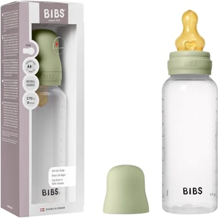 BIBS Babyflasche 270 ml, Naturkautschuk-Sauger, Anti-Kolik, BPA-frei, leicht und einfach zu reinigen, für Neugeborene, Farbe Sage – Bild 1