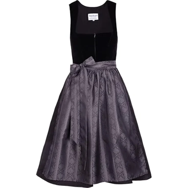 Edelnice Dirndl Midi Evi Samt Schwarz, exquisites Trachtenkleid mit edlem Samtmieder, dunklem Jacquardstoff und schimmernder Schürze – Bild 2