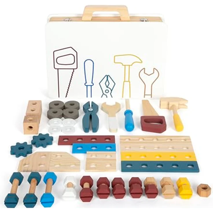 Small Foot Kinder-Werkzeug-Set Werkzeugkoffer Workshop, 53-tlg. aus Holz mit realitätsnahem Zubehör und Tragegriff – Bild 3