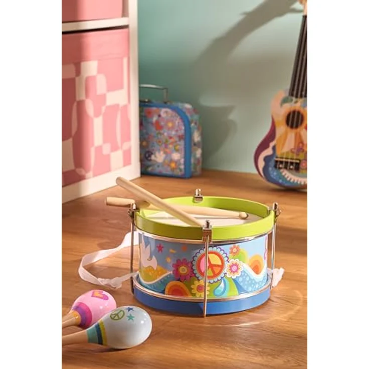 goki 61848 Trommel Blumenwiese, bunte Kinder Trommel aus Holz ab 3 Jahren mit Gurt & Holzstöcken, 21,5 cm, goki66-Serie – Bild 2