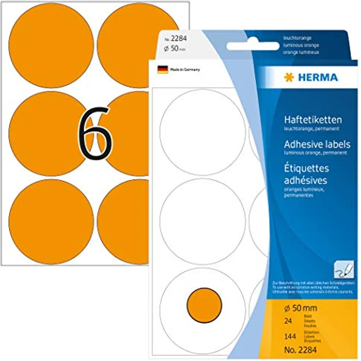HERMA 2284 Punktaufkleber Klebepunkte leuchtorange, 24 Blatt, Ø 50 mm, 6 pro Bogen, 144 Aufkleber, selbstklebend, Markierungspunkte zum Beschriften, runde Farbpunkte aus Papier, blanko – Bild 1