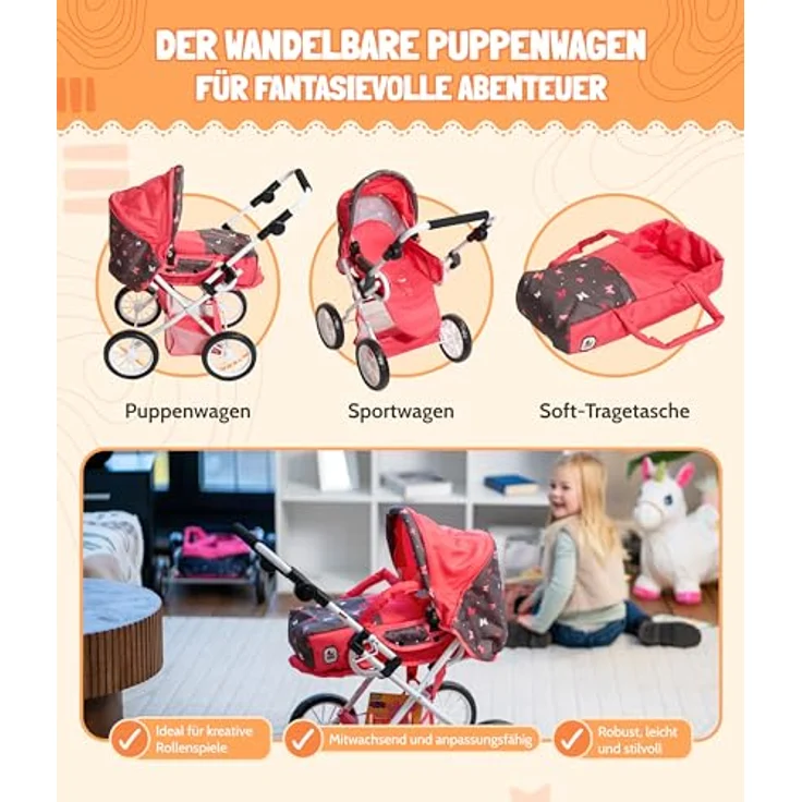 Bayer Chic 2000® 3in1 Kombi Puppenwagen Leni, faltbar, höhenverstellbarer Griff 43-67 cm, lila Herzchen, inkl. Tragetasche für Puppen bis 46 cm, ab 3 J. – Bild 4