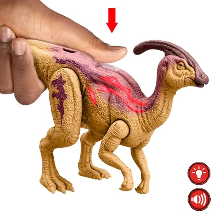 Mattel HTK75 - Jurassic World Wild Roar Parasaurolophus, Dinosaurier mit Sound und biolumineszenter Rückenschutz, bewegliche Gelenke – Bild 5