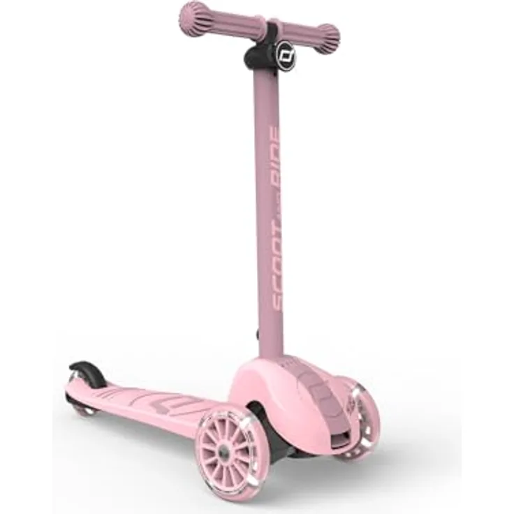 Scoot & Ride Highwaykick 3S Kinderroller, höhenverstellbar, 2-fach Lenkung, LED-Räder, zusammenklappbar, für Kinder 96-130 cm, Rose