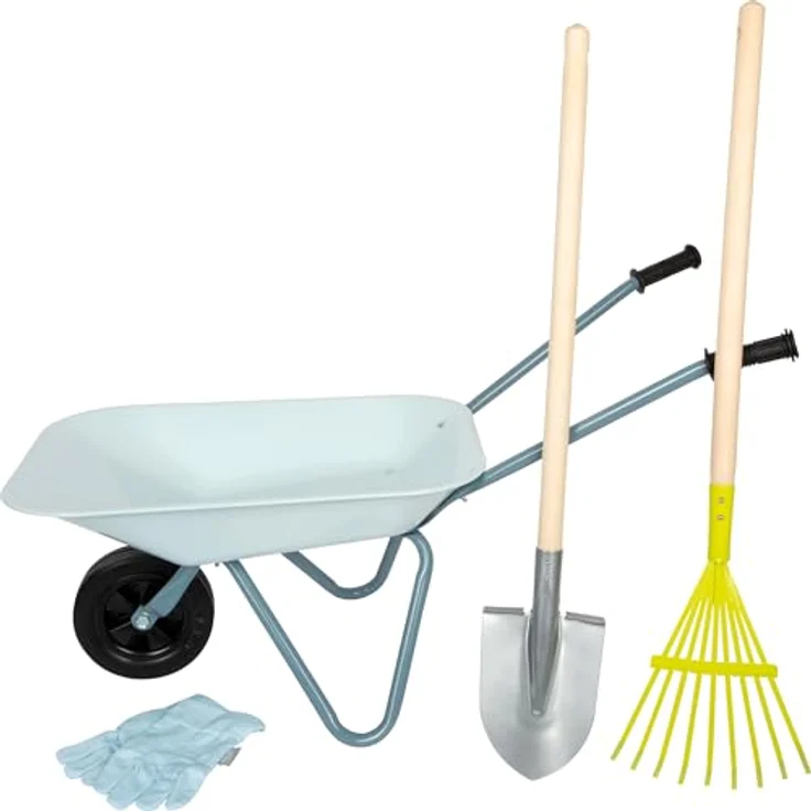 small Foot Gartenwerkzeug-Set mit Schubkarre, kindgerechten Handschuhen und Metallwerkzeugen, für Kinder ab 3 Jahren, moderne Farben, 12799 – Bild 2