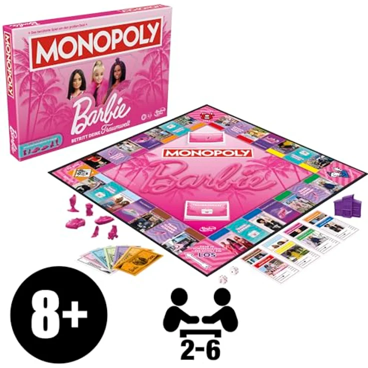 Hasbro Monopoly Barbie, Gesellschaftsspiel mit Barbie-Figuren und Traumwelten – Bild 2