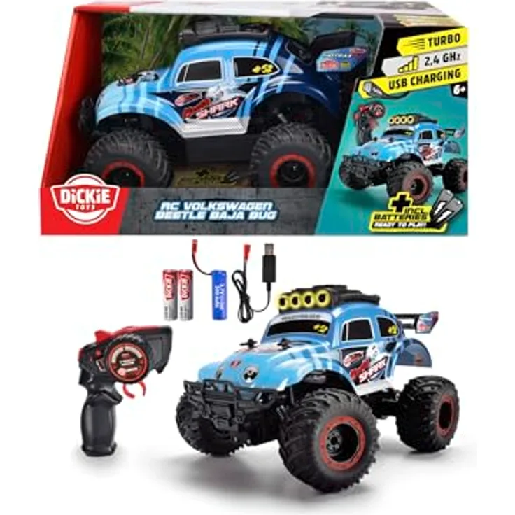 Dickie Toys RC Volkswagen Beetle Baja Bug, RTR Ferngesteuertes Auto mit 2-Kanal FS, USB-Laden, 2,4 GHz, in Blau