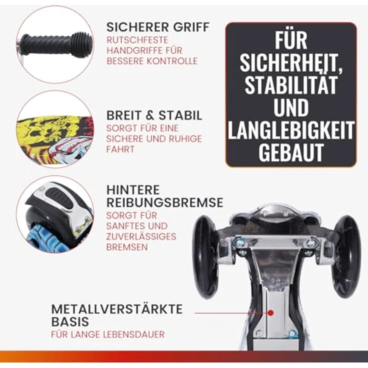 Europebazar Habib Kinderroller Metall-Roller 3-Rad, klappbar mit LED Licht, bis 50kg, Schwarz – Bild 2