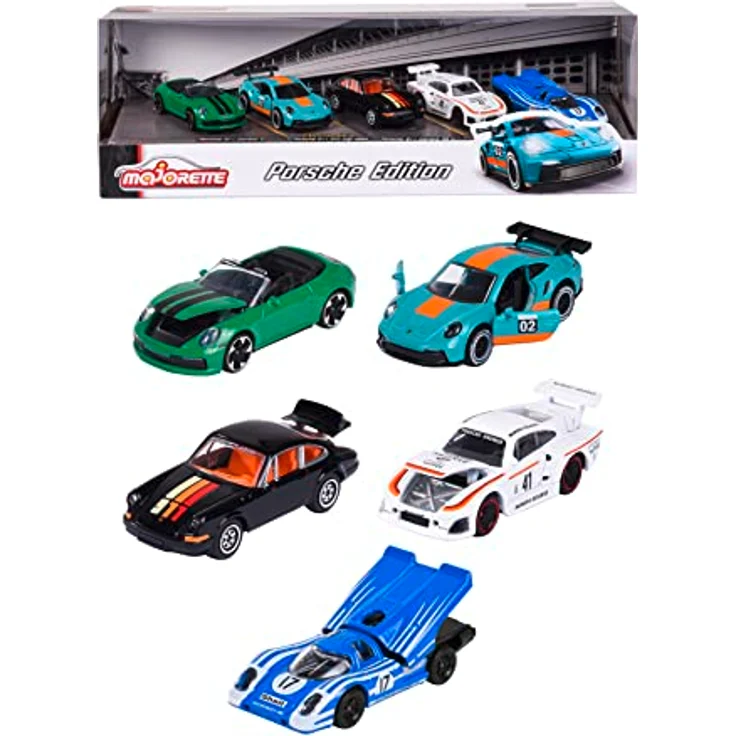 Majorette - Porsche Geschenk-Set (5er-Set Spielzeugautos) - 5 Modellautos (je 7,5, cm) inkl. 2 exklusiver Automodelle, für Kinder ab 3 Jahre, Blau,grün,schwarz,weiß – Bild 1