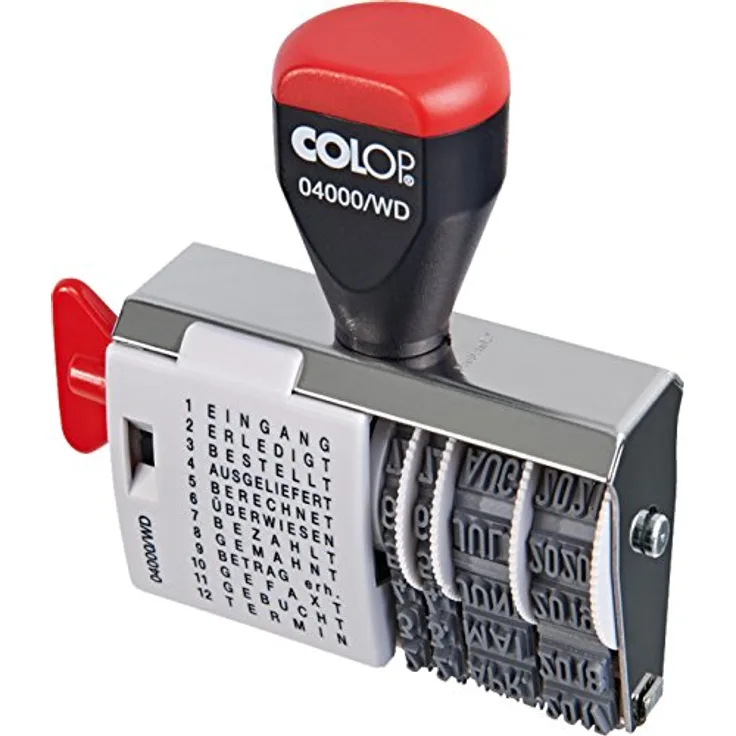 COLOP Wortbandstempel 04000 WD Variotext mit Datum, hellgrau/schwarz, 12 gängigen deutschen Texten, 11 Jahre gültig